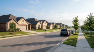 New suburban homes on a tree-lined street in a Cibolo, TX neighborhood