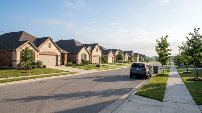New suburban homes on a tree-lined street in a Cibolo, TX neighborhood
