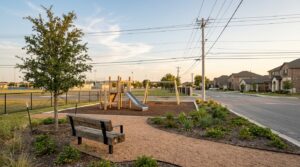 Family homes and green space in a Schertz, TX residential neighborhood