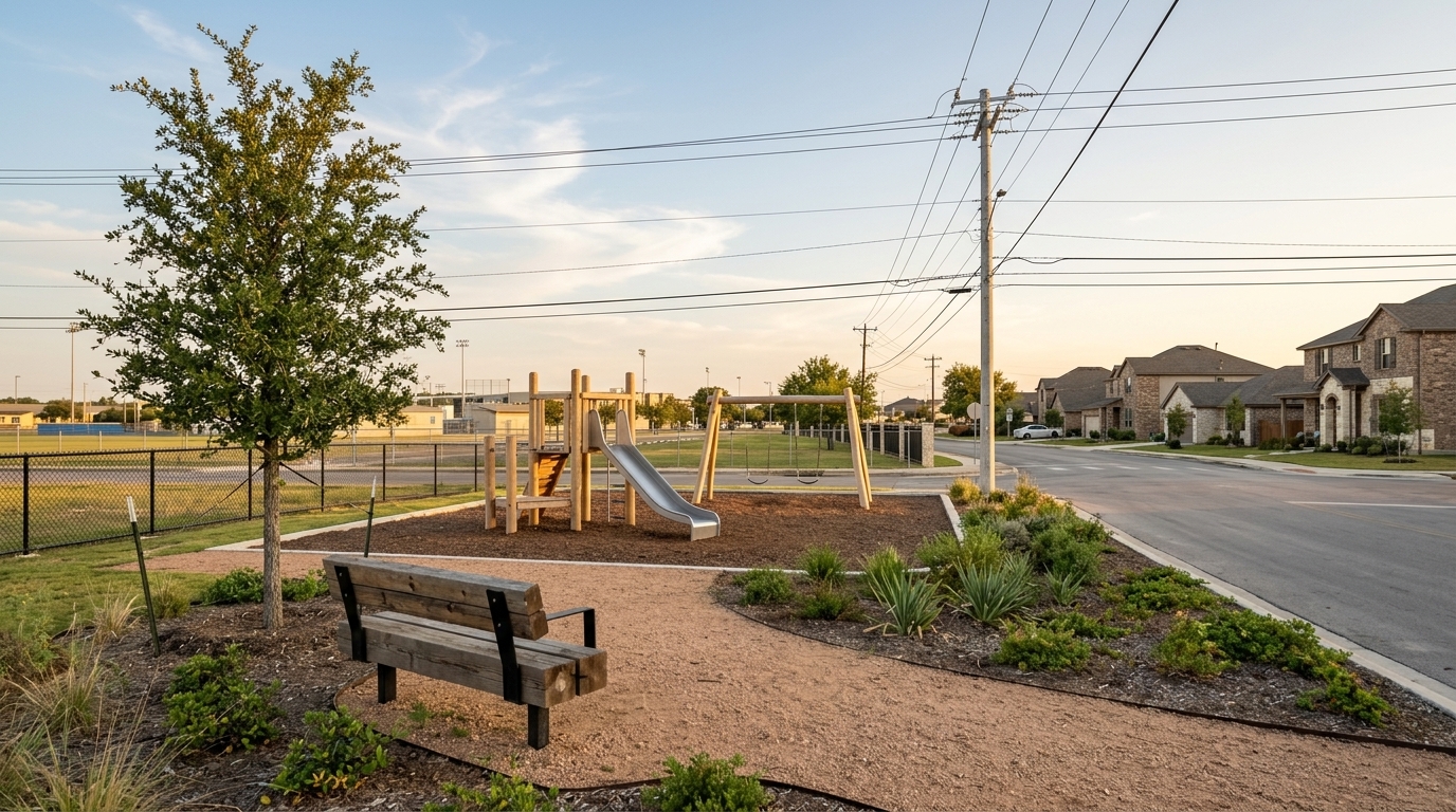 Family homes and green space in a Schertz, TX residential neighborhood