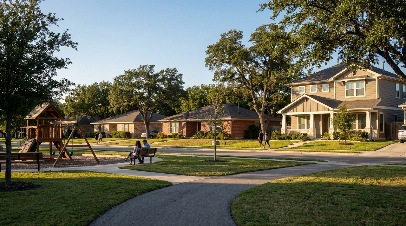 Family homes with green space in a Converse, TX residential neighborhood