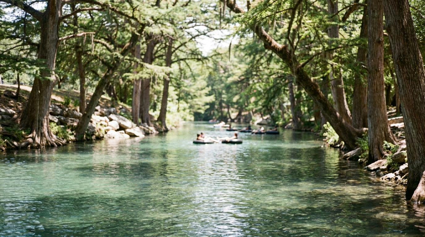 Tubers floating the spring-fed Comal River under cypress trees in New Braunfels, TX