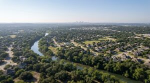 New Braunfels, TX in the Hill Country with the San Antonio skyline in the distance