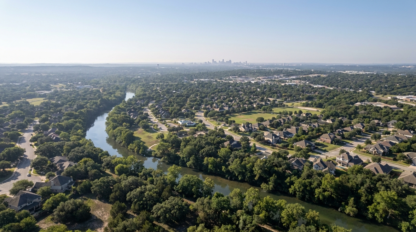 New Braunfels, TX in the Hill Country with the San Antonio skyline in the distance