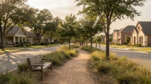 Family homes with mature trees in a Seguin, TX residential neighborhood