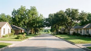 Tree-lined residential street near the Guadalupe River in Seguin, TX