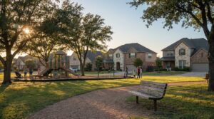 Family homes with green space in a Selma, TX residential neighborhood