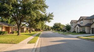 Established suburban homes on a tree-lined street in Selma, TX