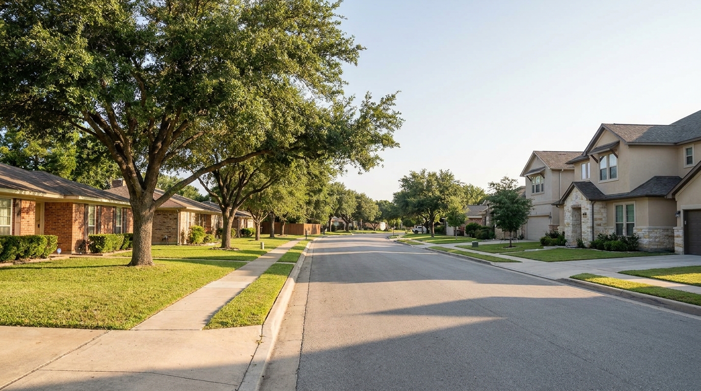 Established suburban homes on a tree-lined street in Selma, TX