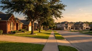 Side street view of established homes representing the northeast San Antonio suburbs of Universal City and Schertz, TX