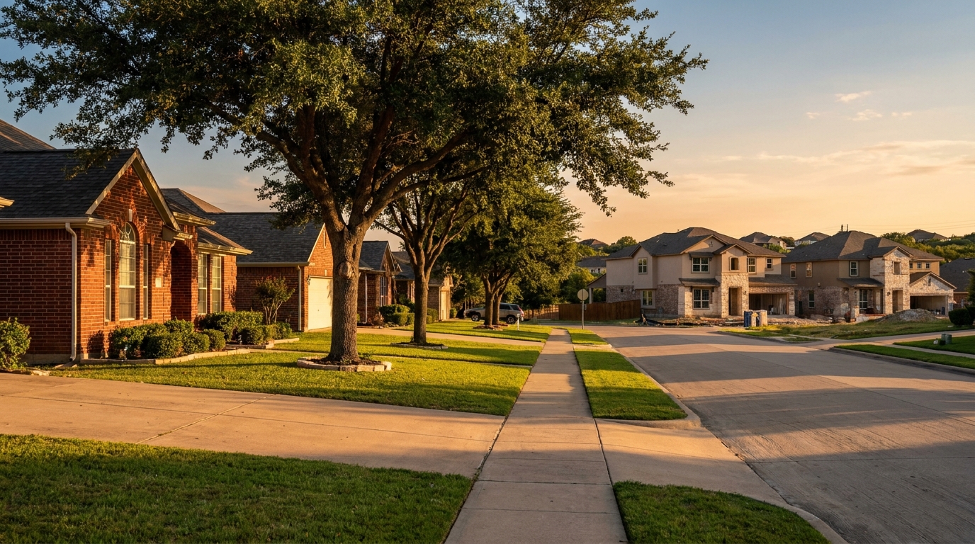 Side street view of established homes representing the northeast San Antonio suburbs of Universal City and Schertz, TX