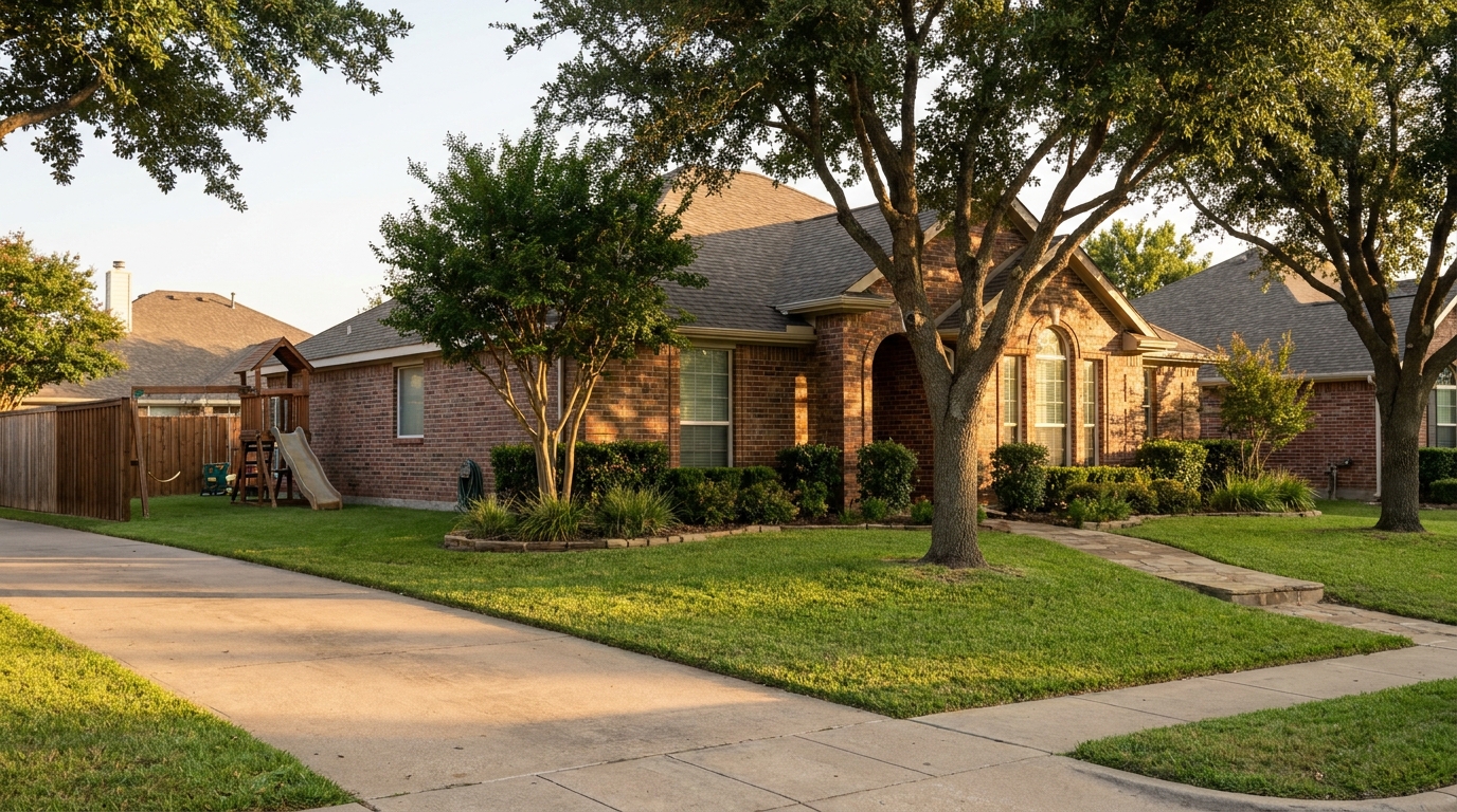 Front yard of a well-maintained ranch-style home in a family-friendly Universal City, TX neighborhood