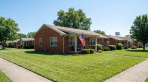 Single-story home with an American flag on the porch in a military-friendly Universal City, TX neighborhood