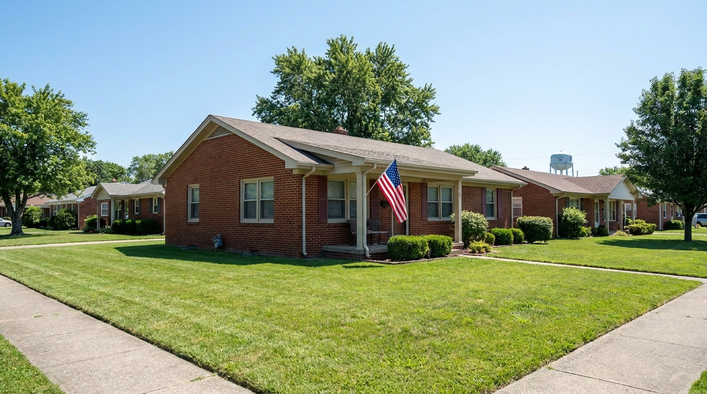 Single-story home with an American flag on the porch in a military-friendly Universal City, TX neighborhood