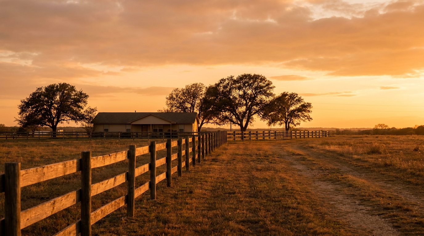 Sunset over open land and a family home near Marion, TX