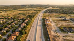Aerial view of the I-35 corridor and new rooftops between San Antonio and New Braunfels, TX